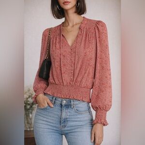 Rachel Zoe Rose Floral Smocked-Waist Button Blouse bohemian boho Chloe romantic